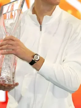 Jannik Sinner 2026 Miami Open Jacket front view featuring professional white panels and luxury zipper closure.