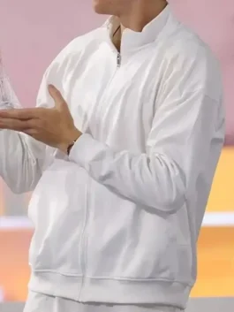 Jannik Sinner 2026 Miami Open Jacket in professional white finish with luxury front zipper detail.