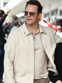 Japanese Grand Prix F1 Chris Pratt Jacket in professional off white finish with luxury front zipper detail.