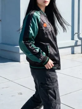 Tiger Sukajan Jacket in bold black and green satin with striking tiger embroidery on the back and a sharp rib knitted collar zip-up everyday build.