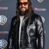 Jason Momoa CinemaCon Leather Jacket featuring a professional button closure and luxury leather texture.