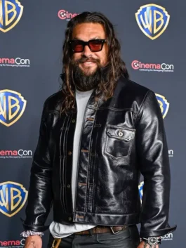 Jason Momoa CinemaCon Leather Jacket featuring a professional button closure and luxury leather texture.