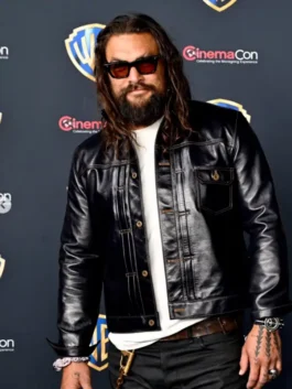 Jason Momoa CinemaCon Leather Jacket highlighting professional stitch work and luxury full length sleeves.