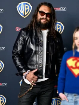 Jason Momoa CinemaCon Leather Jacket front view showcasing professional leather grain and luxury buttoning.