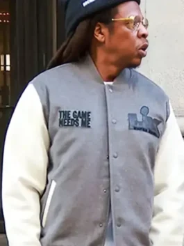 Jay Z The Game Needs Me Wool Varsity Jacket highlighting professional wool grain and luxury rib-knitted collar.