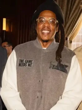 Jay Z The Game Needs Me Wool Varsity Jacket highlighting professional grey finish and luxury full length sleeves.