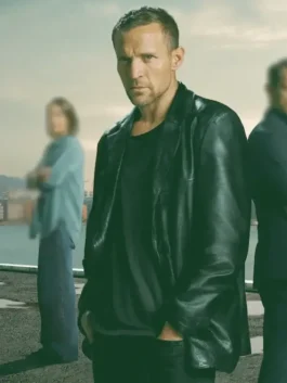 Jo Nesbos Detective Hole Tobias Santelmann Jacket in rich black real leather with a classic lapel collar and a sharp refined detective-inspired everyday silhouette.