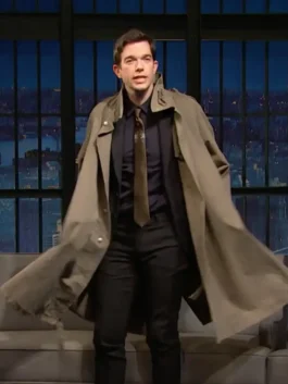 John Mulaney Trench Coat in clean cotton with a stand up collar, full length sleeves and a sharp refined everyday button-up outerwear silhouette.