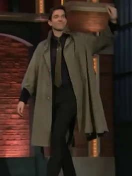 John Mulaney Trench Coat front view in clean cotton with a bold stand up collar and a sharp refined button-up outerwear silhouette full of everyday polish.