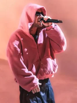 Coachella Justin Bieber Pink Hoodie in professional black vegan fur with luxury hooded collar design.