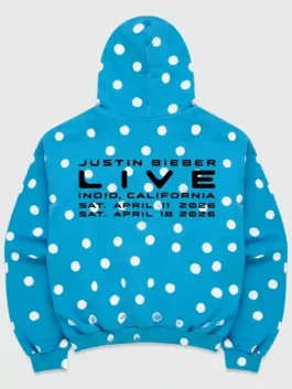 Justin Bieber Skylrk White Spot Hoodie back view highlighting professional blue finish and luxury rib knitted hem.
