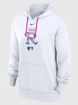 Kansas City Royals City Connect White Hoodie featuring a front kangaroo pocket and rib knitted cuffs.