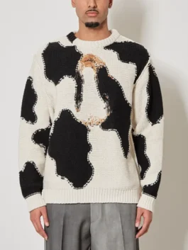 Saturday Night Live UK S01 Kasabian Cow Cardigan in bold black and white cow knit with full length sleeves, rib knitted cuffs and a clean round neck build.