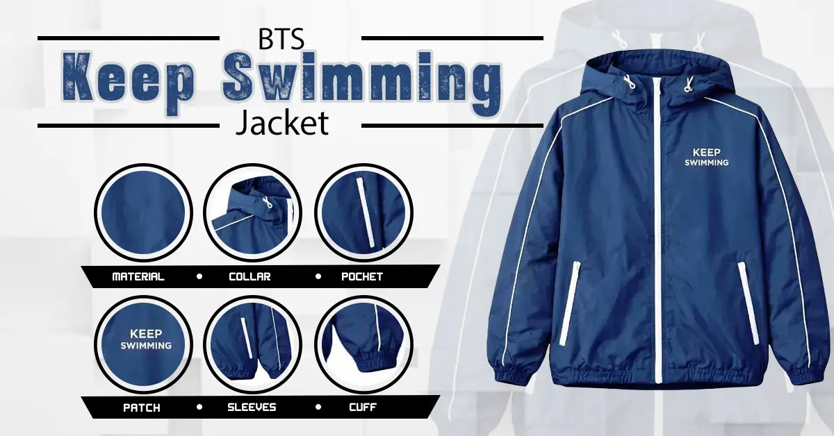 Keep Swimming BTS Jacket technical spec view highlighting professional fabric grain and luxury stitch details.