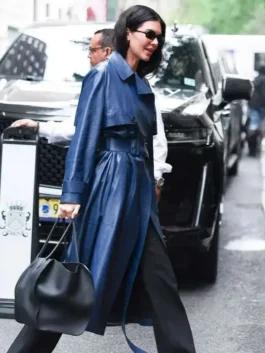 Kendall Jenner Blue Leather Coat in rich blue real leather with a sharp lapel collar and Kendall Jenner's confident and commanding everyday outerwear presence.