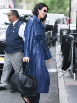 Kendall Jenner Blue Leather Coat in premium blue real leather with a lapel collar, button closure and a bold refined everyday outerwear silhouette full of attitude.