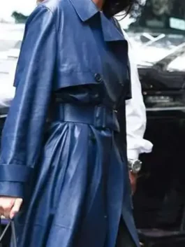 Kendall Jenner Blue Leather Coat from NYC 2025 in bold blue real leather with a belted lapel collar and Kendall's sharp commanding street style silhouette.