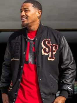 Kendrick Bourne San Francisco 49ers Varsity Jacket in professional black finish with luxury rib knitted collar.