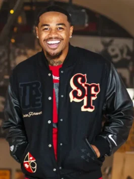 Kendrick Bourne San Francisco 49ers Varsity Jacket highlighting professional finish and luxury full length sleeves.