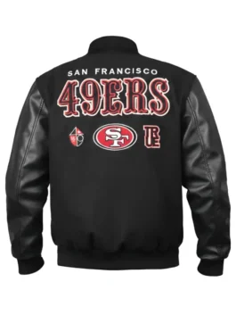 Kendrick Bourne San Francisco 49ers Varsity Jacket back view highlighting professional finish and luxury rib knitted trim.