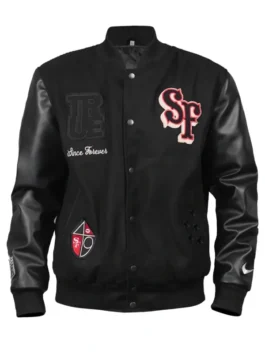 Kendrick Bourne San Francisco 49ers Varsity Jacket front view in professional black wool and luxury leather sleeves.