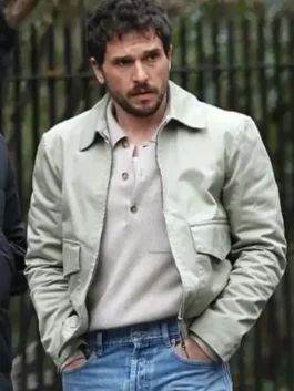 Kit Harington Count My Lies Cotton Jacket in soft grey cotton with a shirt style collar, zipper closure and Kit Harington's refined everyday character presence.