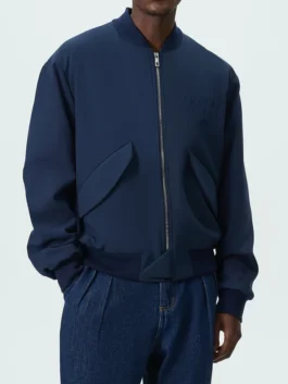 Giorgio Armani Kith New York Knicks Bomber Jacket in professional navy wool with luxury rib knitted collar design.