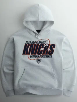 Kith New York Knicks NBA Playoffs Hoodie front view in professional grey cotton with luxury hooded collar design.