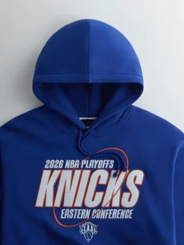 Kith New York Knicks NBA Playoffs Hoodie featuring professional fabric panels and luxury pullover closure.