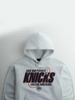 Kith New York Knicks NBA Playoffs Hoodie in professional light grey with luxury rib knitted cuffs.