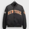 New York Knicks Playoffs Satin Bomber Jacket featuring professional fabric panels and luxury buttoned closure.