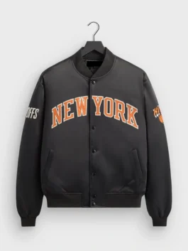 New York Knicks Playoffs Satin Bomber Jacket featuring professional fabric panels and luxury buttoned closure.