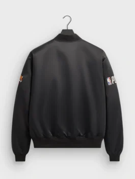 New York Knicks Playoffs Satin Bomber Jacket back view highlighting professional satin grain and luxury rib knitted cuffs.