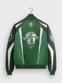 Kith Roy Racing Nylon Bomber Jacket back view in bold blue white and black nylon satin with a clean structured rib knitted hem and racing-inspired silhouette.