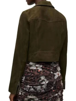 General Hospital Kristina Corinthos Suede Jacket back view featuring professional fabric panels and luxury zipper cuffs.