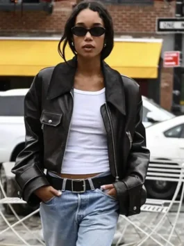 Laura Harrier Brown Cropped Jacket in bold brown real leather with a shirt style collar, multiple pockets and a sharp confident cropped zip-up everyday silhouette.