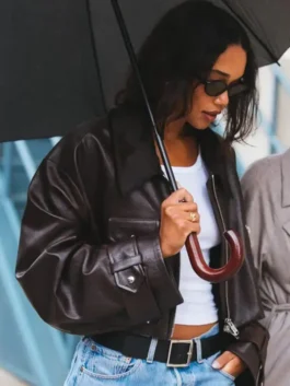 Laura Harrier Brown Cropped Jacket in rich brown real leather with a shirt style collar and Laura Harrier's effortlessly chic cropped everyday presence.
