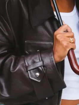 Laura Harrier Brown Cropped Jacket for sale in warm brown real leather with belted adjustable cuffs and Laura Harrier's bold refined cropped everyday silhouette.