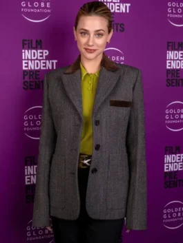 Hal and Harper 2026 Lili Reinhart Wool Blazer in warm grey wool with a classic lapel collar and a polished refined button-up everyday blazer silhouette.