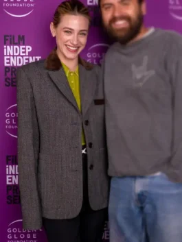 Hal and Harper 2026 Lili Reinhart Wool Blazer for sale in rich grey wool with a bold lapel collar and Lili Reinhart's effortlessly polished blazer presence.