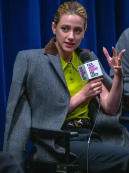 Hal and Harper 2026 Lili Reinhart Wool Blazer as seen at the 2026 screening in elegant grey wool with a sharp lapel collar and a polished tailored silhouette.