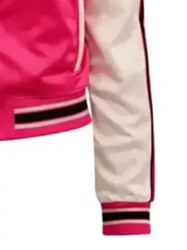 Linfiltree Maxime Varsity Jacket from the 2026 film in bold pink and white satin with a clean rib knitted collar and a sharp everyday varsity silhouette.