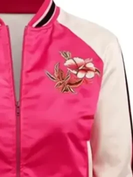 Linfiltree Maxime Varsity Jacket for sale in vibrant pink and white satin with rib knitted cuffs and Maxime's bold and confident film-inspired varsity style.