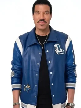 American Idol Lionel Richie Blue Varsity Jacket in bold blue leather with a classic varsity silhouette and Lionel's iconic stage presence.