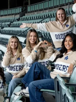 Dodgers Womens Night Quarter Zip Sweatshirt in warm beige fleece with a shirt collar and a clean half zip pullover build for game night style.