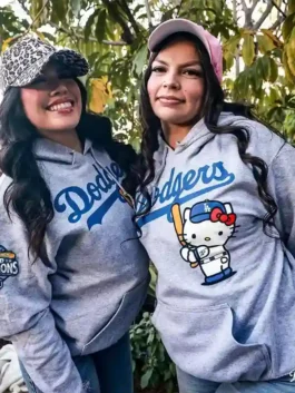 Los Angeles Dodgers Hello Kitty Hoodie featuring a front kangaroo pocket and rib knitted hem.