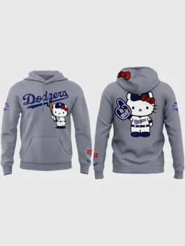 Los Angeles Dodgers Hello Kitty Hoodie in grey colorway with rib knitted cuffs and soft lining.