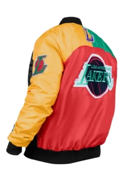 Los Angeles Lakers Ty Mopkins Red Black Jacket highlighting professional satin grain and luxury green and yellow sleeves.