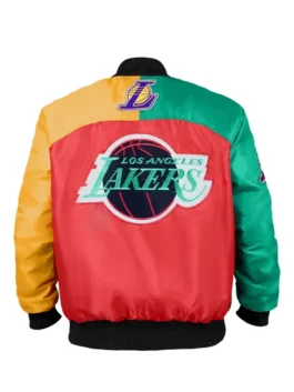 Los Angeles Lakers Ty Mopkins Red Black Jacket back view highlighting professional finish and luxury rib knitted hem.