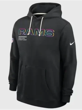 Los Angeles Rams NFL 2025 Hoodie in professional black finish with luxury full length sleeves and ribbed cuffs.
